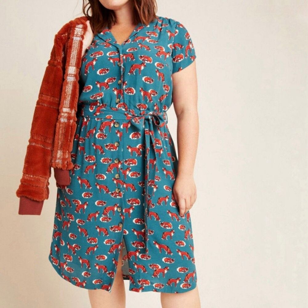 Anthropologie Teal and Red Fox Print Midi Dress